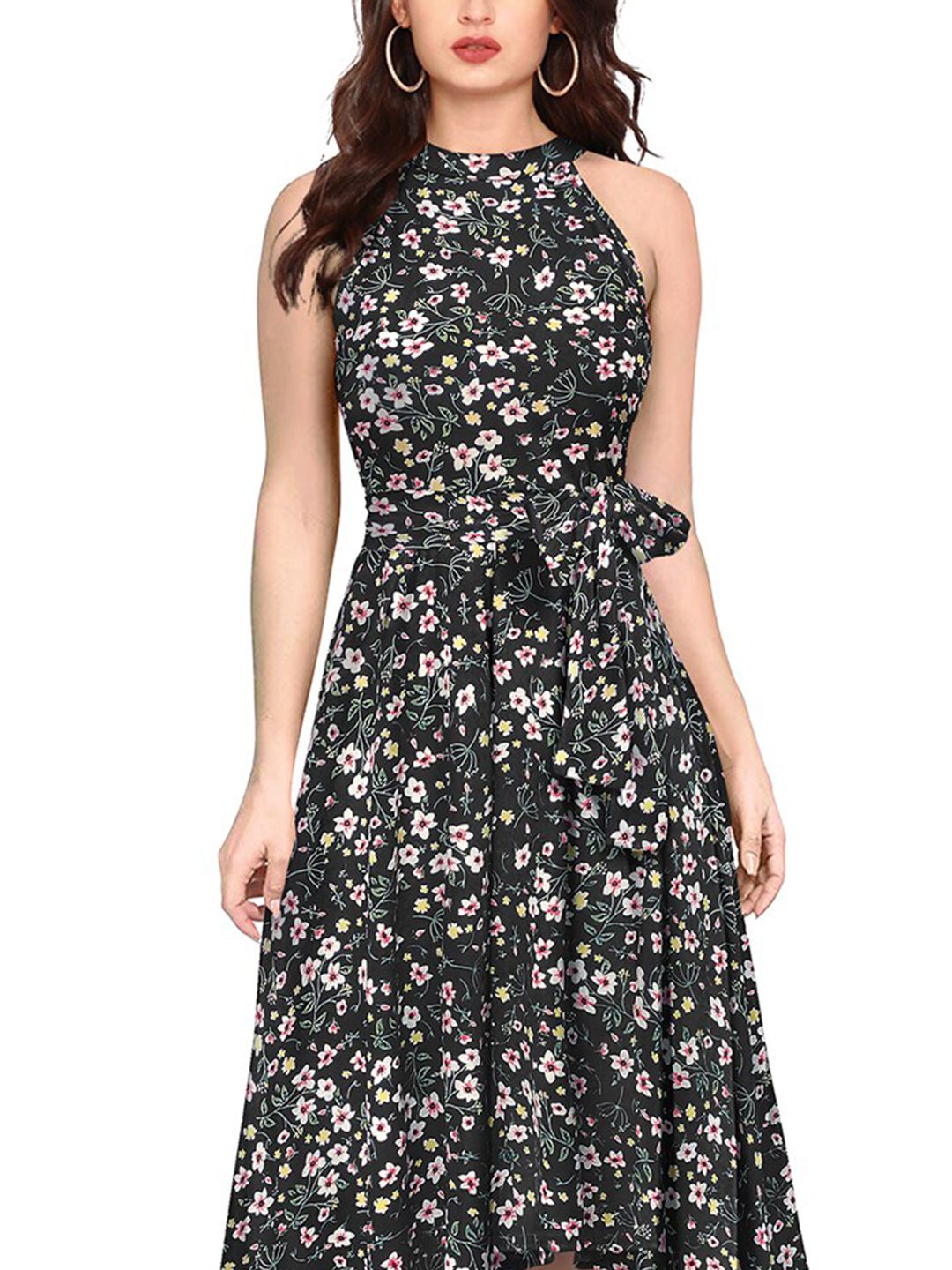 Bloom Babe Maxi – Fit & Flare with a Round Neck Twist, Black