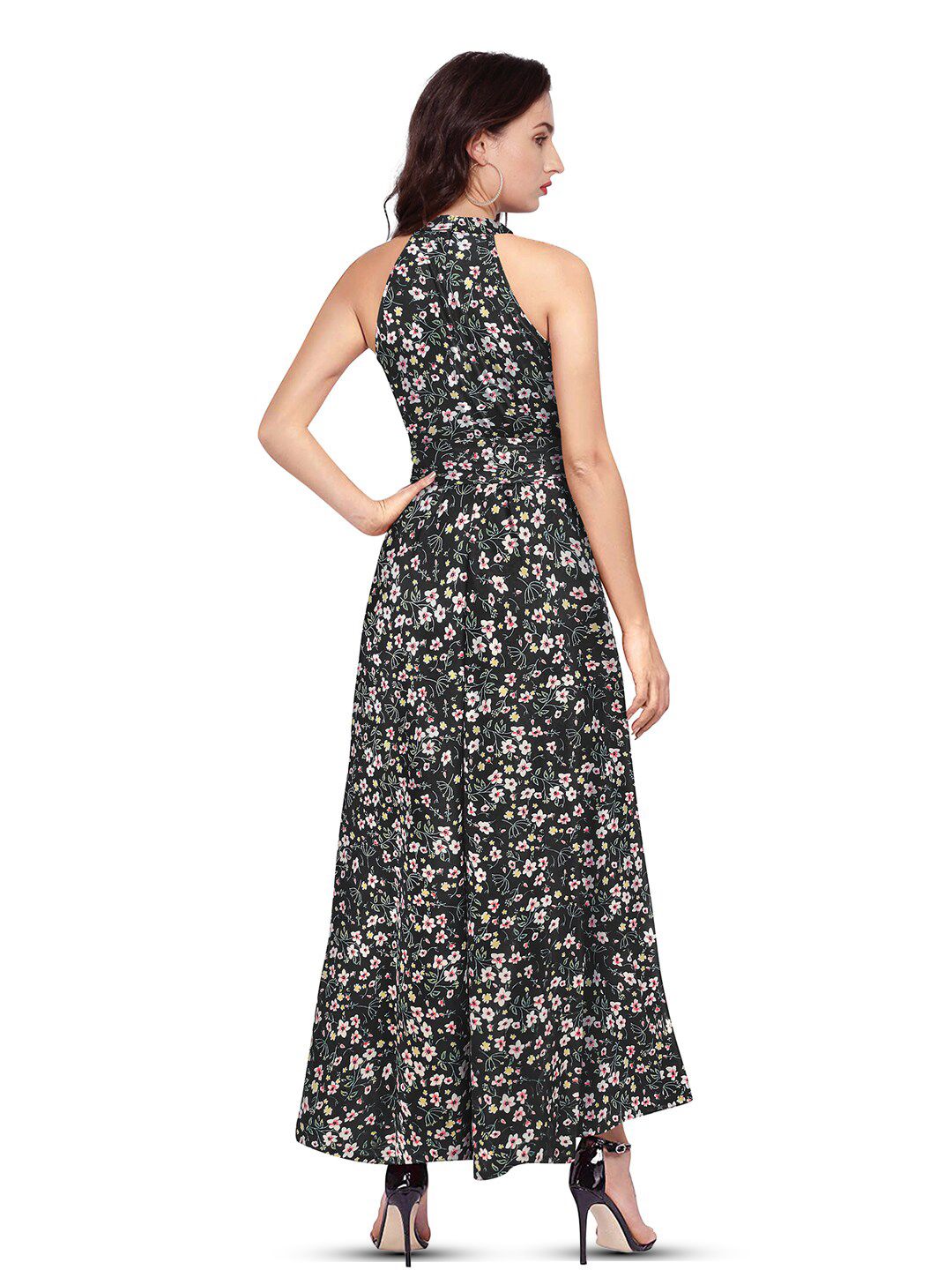 Bloom Babe Maxi – Fit & Flare with a Round Neck Twist, Black