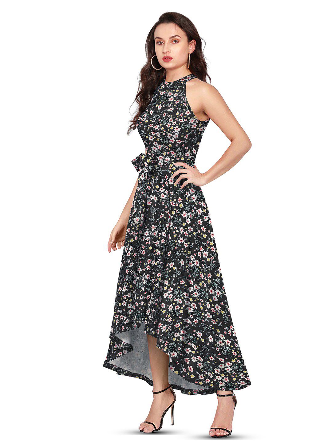 Bloom Babe Maxi – Fit & Flare with a Round Neck Twist, Black