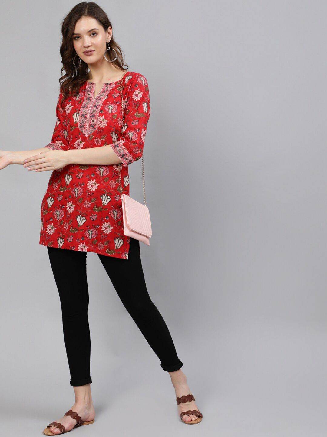 Red & Pink Cotton Printed Tunic - Kalira Luxury