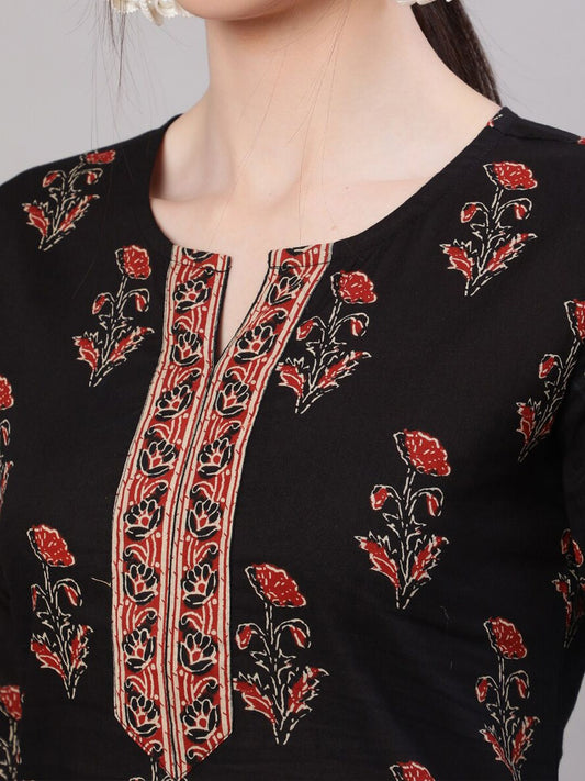Black Printed Cotton A-line Kurti for Women