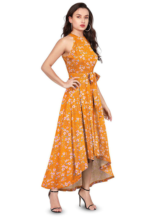 Bloom Babe Maxi – Fit & Flare with a Round Neck Twist, Yellow