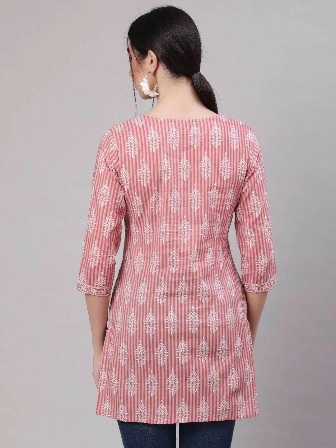 Pink And White Printed Cotton Straight Tunic - Kalira Luxury