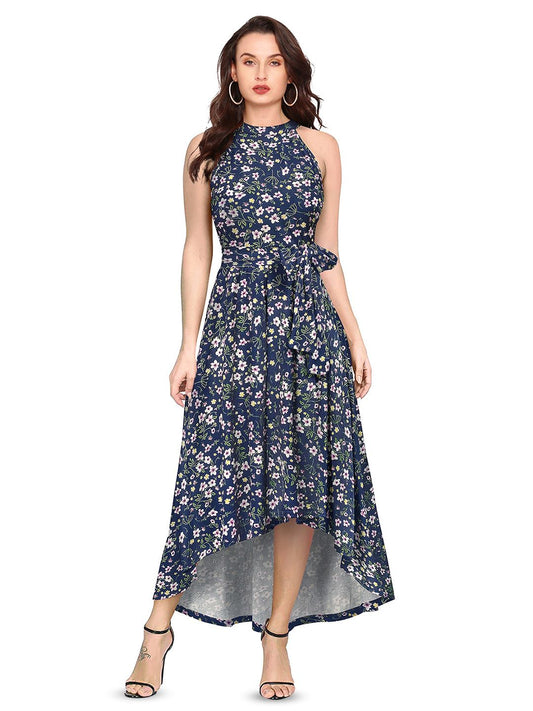 Bloom Babe Maxi – Fit & Flare with a Round Neck Twist, Blue