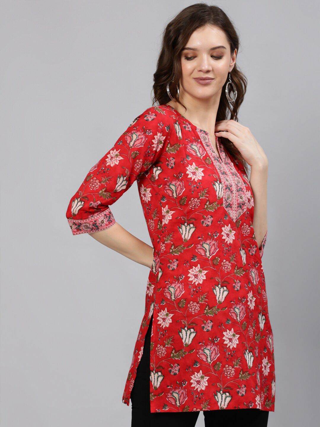 Red & Pink Cotton Printed Tunic - Kalira Luxury