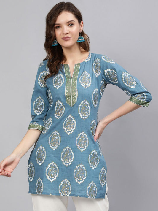 Blue & White Printed Cotton Tunic for Women