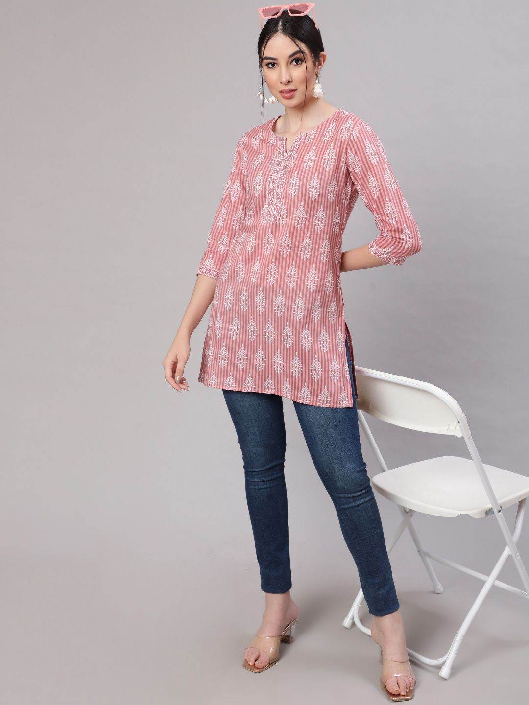 Pink And White Printed Cotton Straight Tunic - Kalira Luxury