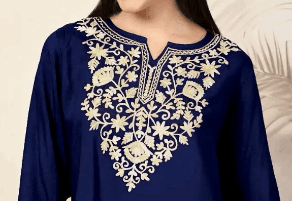 Blue Kashmir A-Line Cotton Kurti - Kalira Luxury