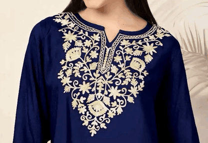 Blue Kashmir A-Line Cotton Kurti - Kalira Luxury