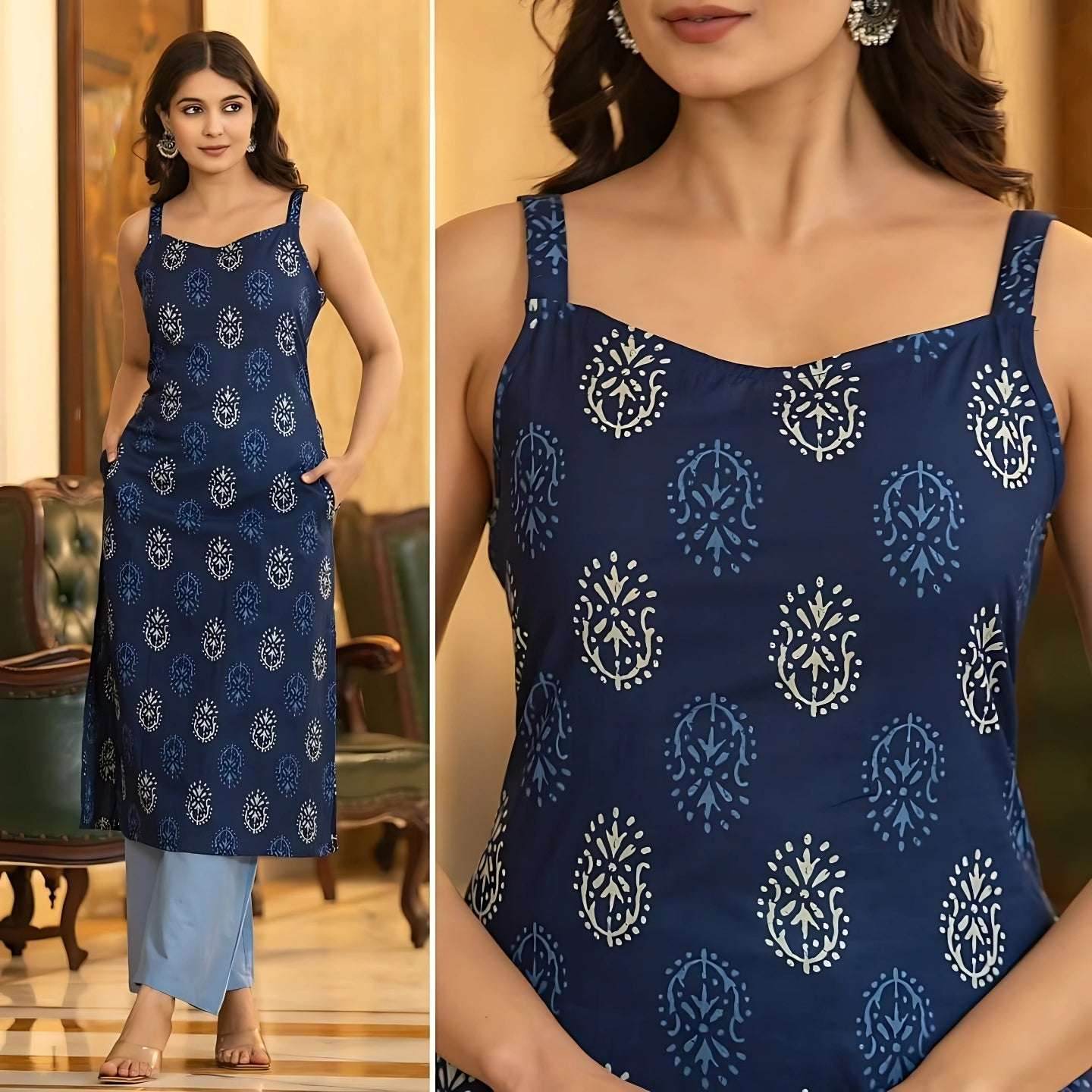 Sleeveless Cotton Printed Kurtis with Pocket – Regular & Office Wear - Kalira Luxury