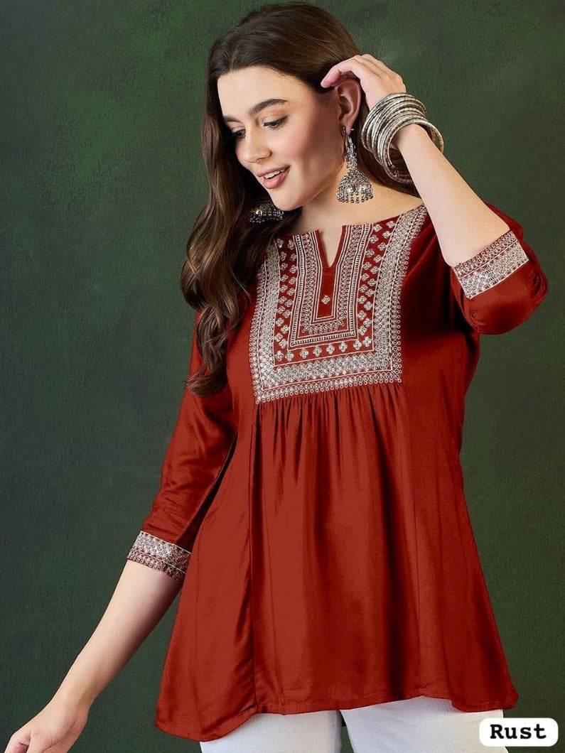 Embroidered A-Line Short Kurti – Women’s Rayon Dress - Rust - Kalira Luxury