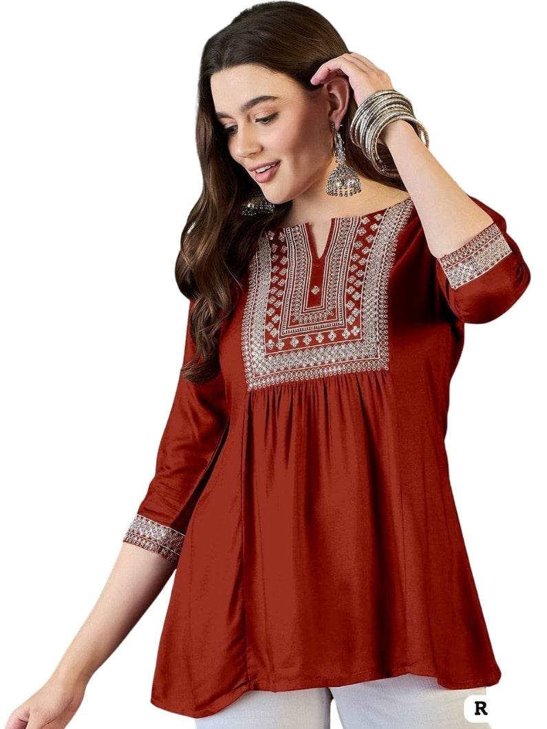 Embroidered A-Line Short Kurti – Women’s Rayon Dress - Rust - Kalira Luxury