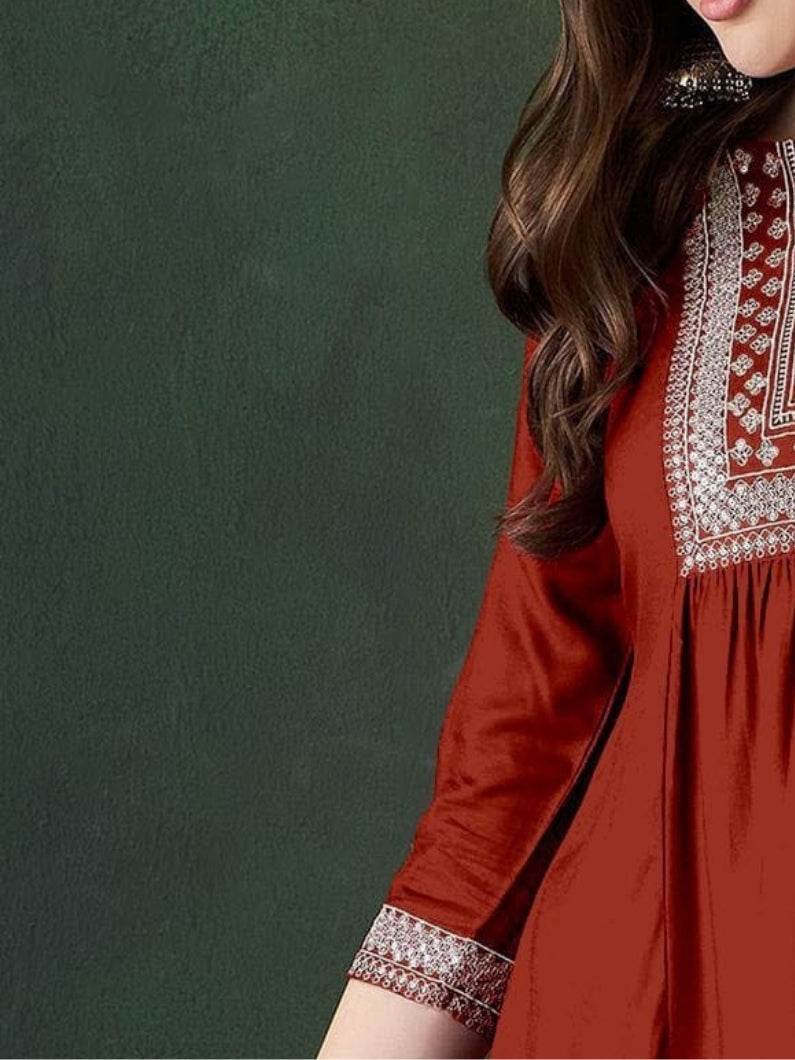 Embroidered A-Line Short Kurti – Women’s Rayon Dress - Rust - Kalira Luxury