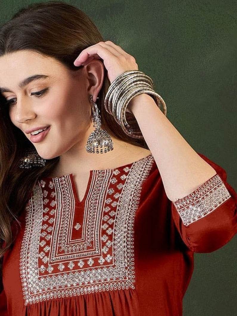 Embroidered A-Line Short Kurti – Women’s Rayon Dress - Rust - Kalira Luxury
