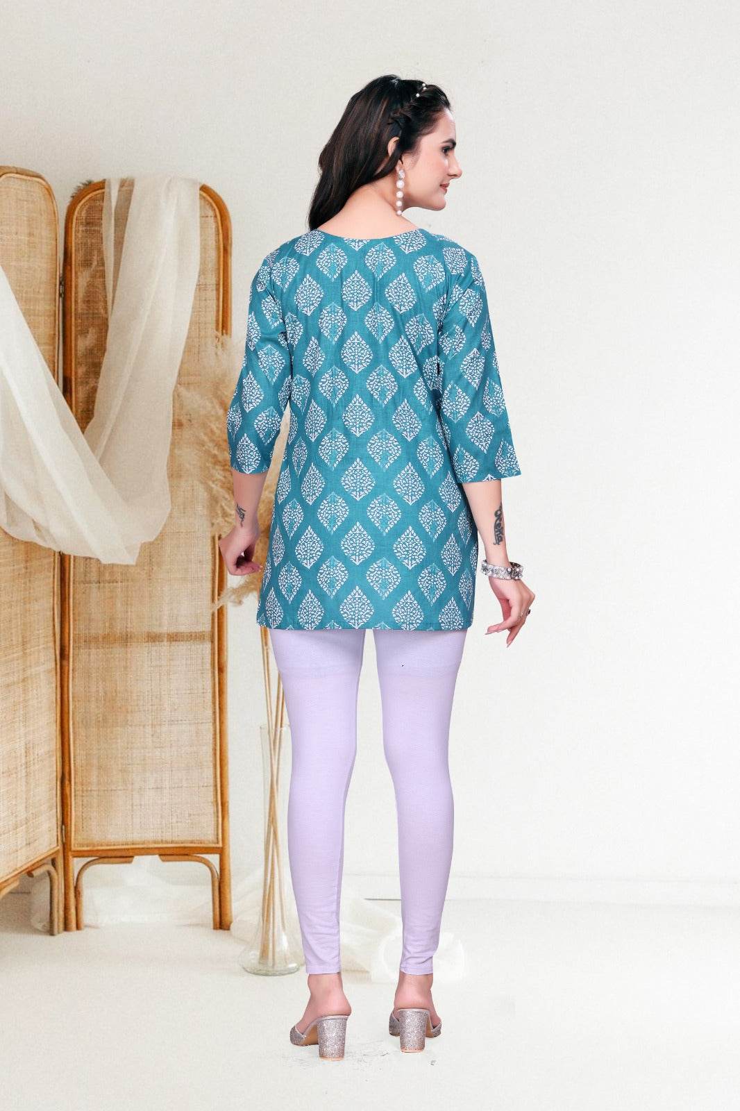 Elegant Blue Cotton Block Print Short Kurti – Formal Wear, Ready to Wear - Kalira Luxury