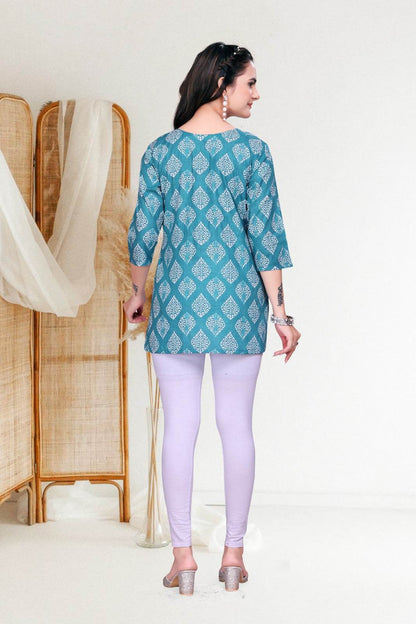 Elegant Blue Cotton Block Print Short Kurti – Formal Wear, Ready to Wear - Kalira Luxury
