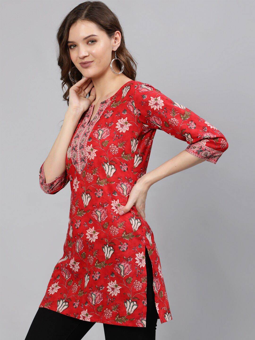 Red & Pink Cotton Printed Tunic - Kalira Luxury