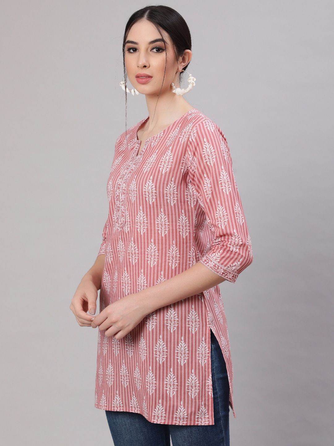 Pink And White Printed Cotton Straight Tunic - Kalira Luxury