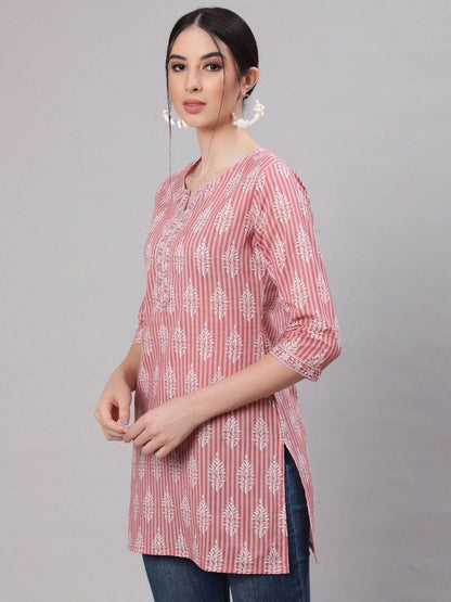 Pink And White Printed Cotton Straight Tunic - Kalira Luxury