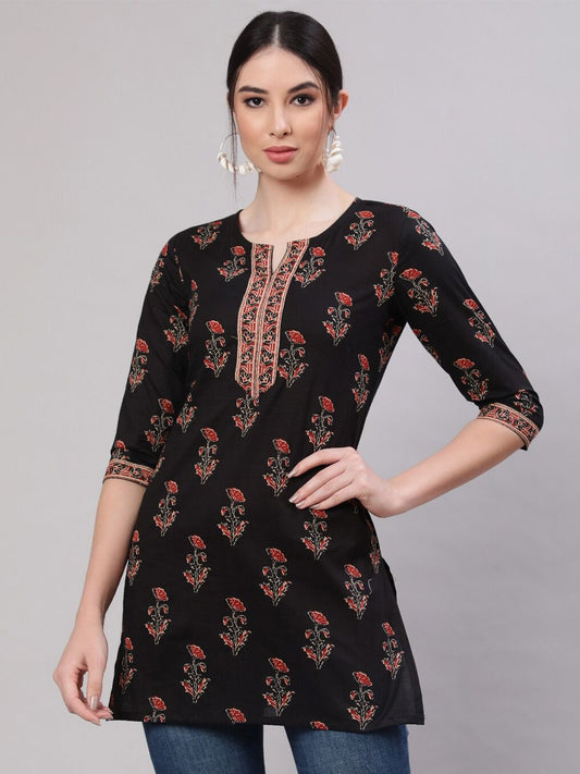 Black Printed Cotton A-line Kurti for Women