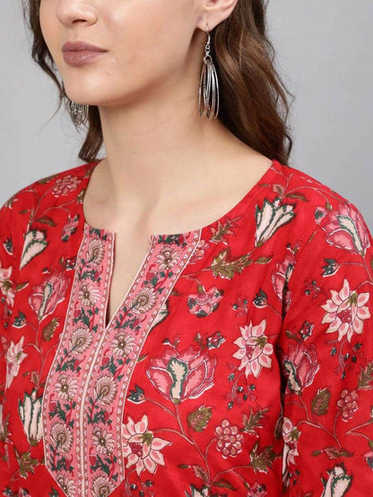 Red & Pink Cotton Printed Tunic - Kalira Luxury