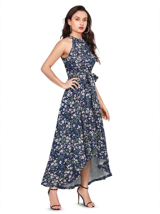 Bloom Babe Maxi – Fit & Flare with a Round Neck Twist, Blue