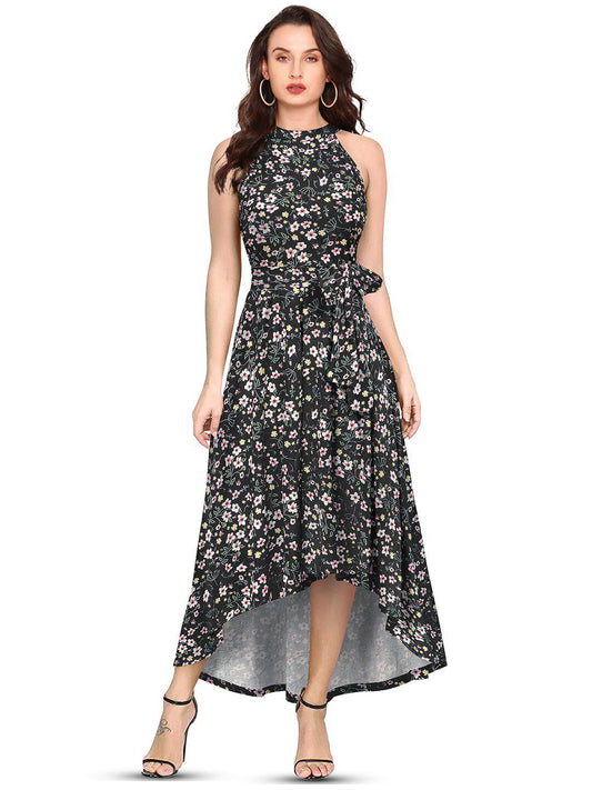 Bloom Babe Maxi – Fit & Flare with a Round Neck Twist, Black
