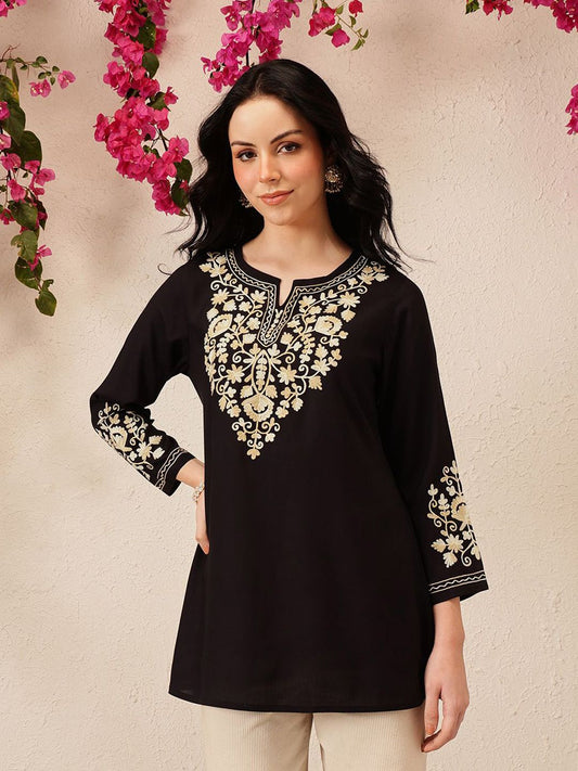 Black Kashmir A-Line Cotton Kurti